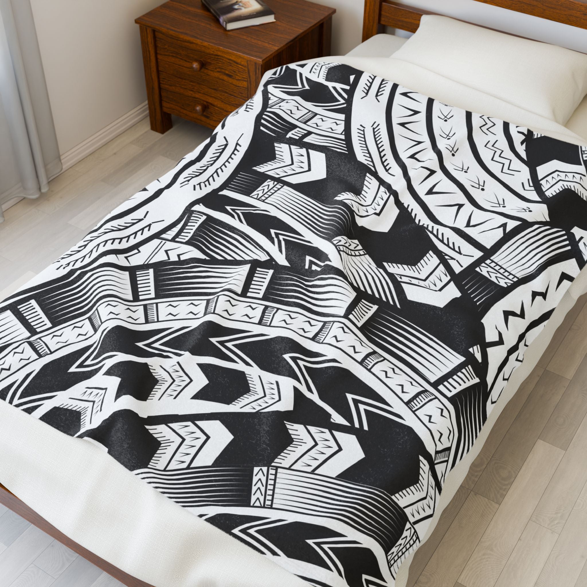 Black and White Tatau Velveteen Plush Blanket